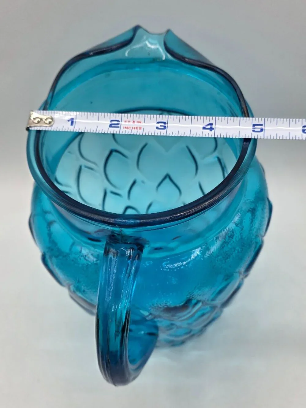 Vtg Anchor Hocking Madrid Laser Blue MCM Teardrop Glass Water Pitcher Ice Lip